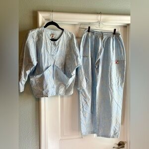 Dorothy L’Amour Vintage Blue Print Cotton Matching Batwing Blouse & Cargo Pants